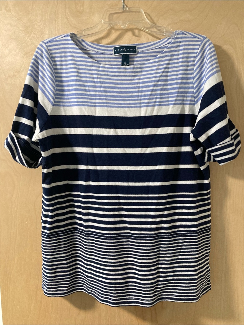 Karen Scott Navy Blue & White Striped Crewneck Short-Sleeve Top Women’s Sz XL